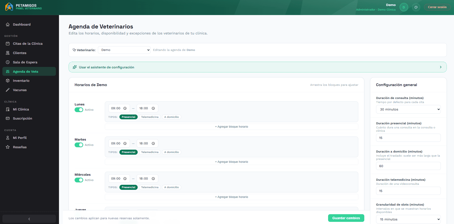 Configuración de horarios semanales en el panel