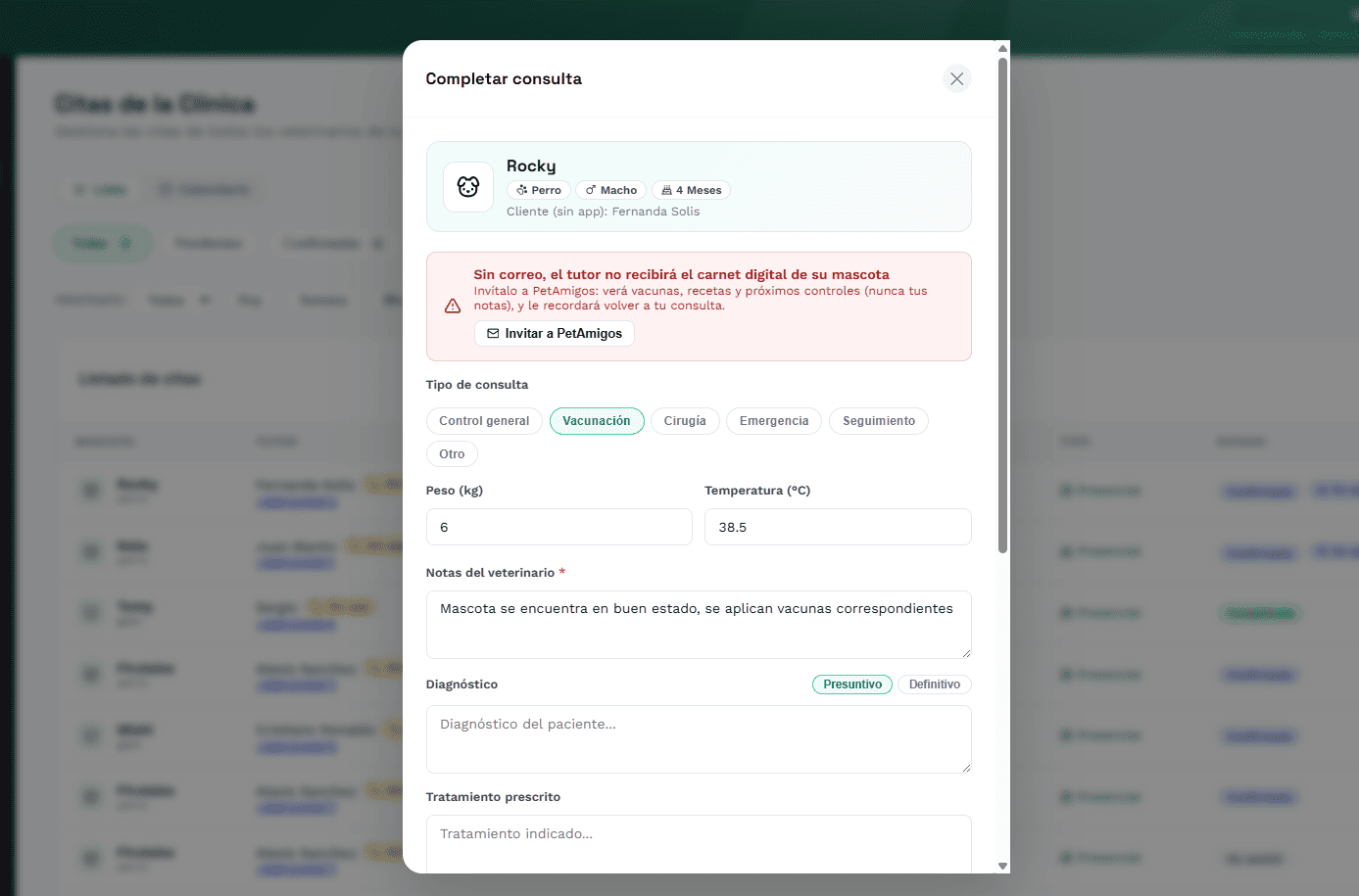 Formulario de completar consulta con diagnóstico y medicamentos