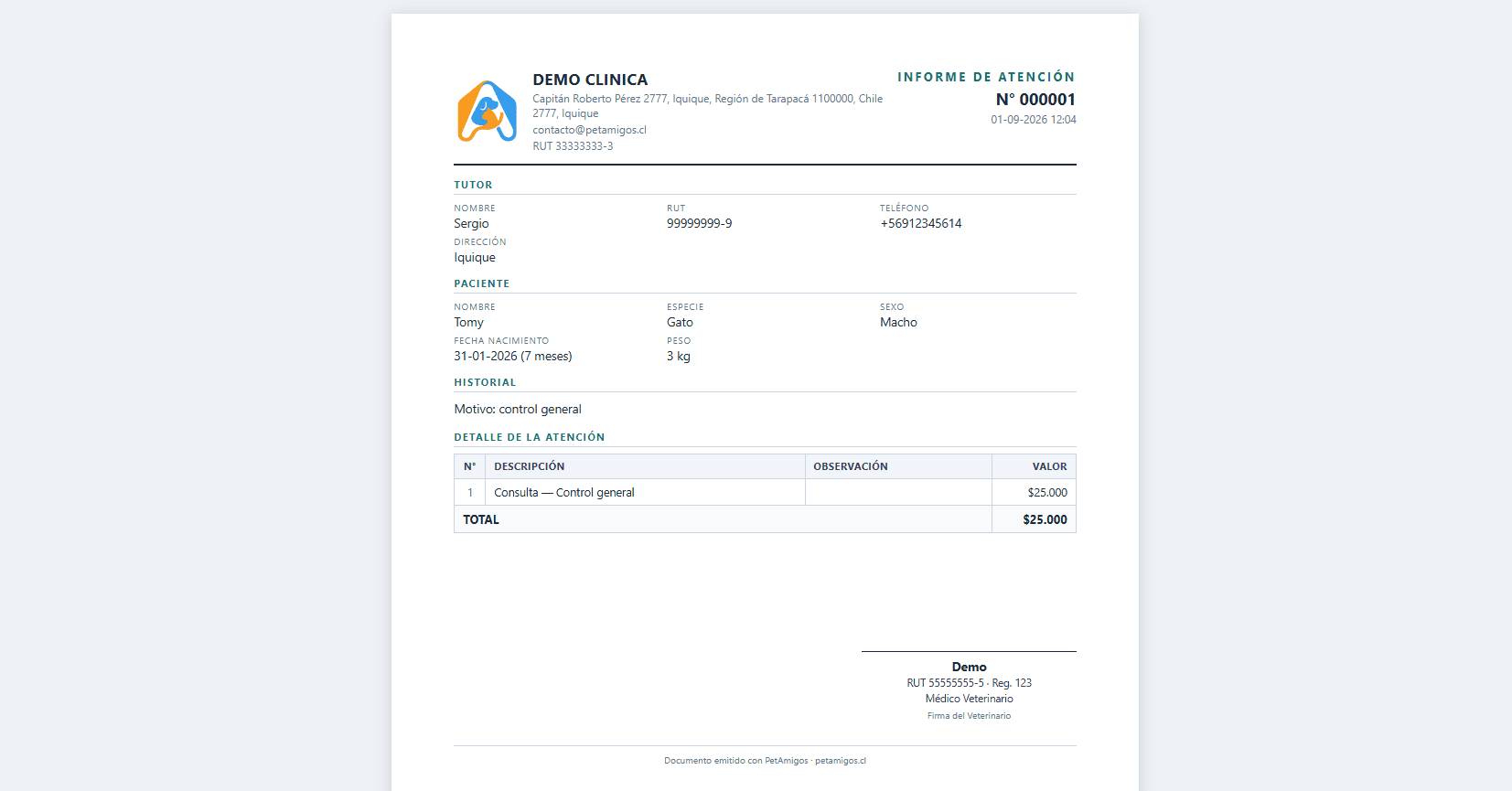 Informe de atención imprimible con membrete, folio y detalle de cobros