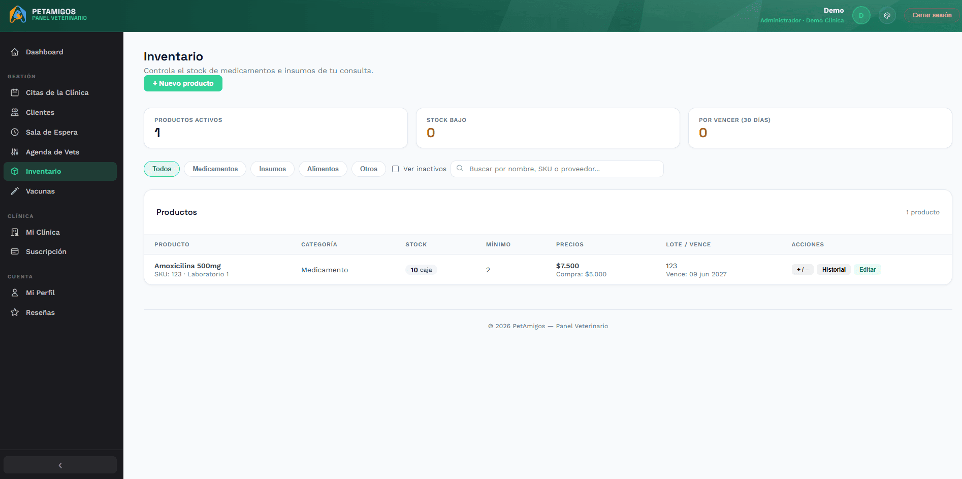 Inventario con alertas de stock bajo y vencimiento